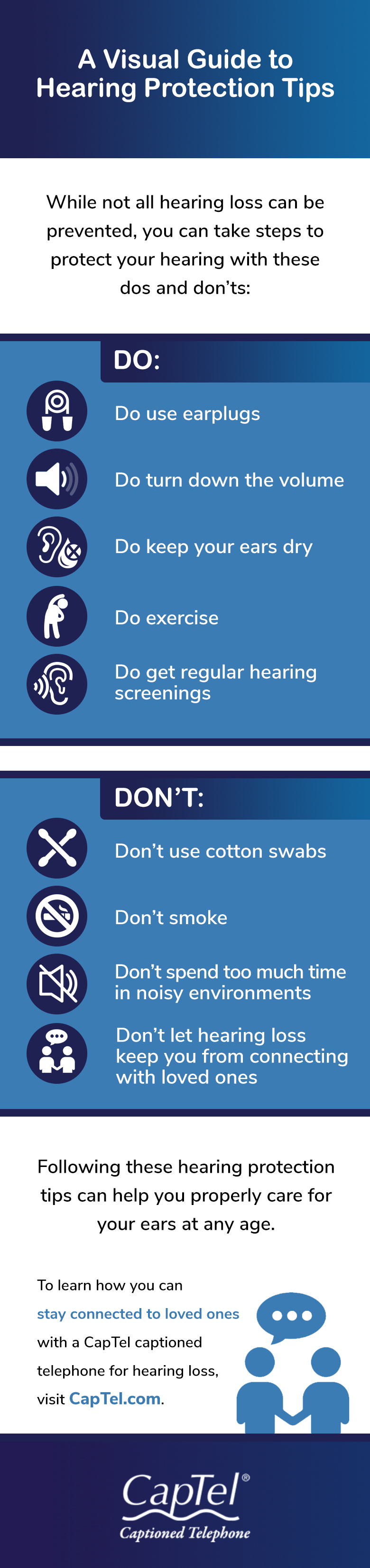 Our hearing protection tips include dos and don’ts that will help promote good ear health.