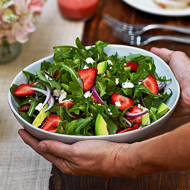 One of the healthy summer salad recipes on our list is Strawberry, avocado and arugula salad