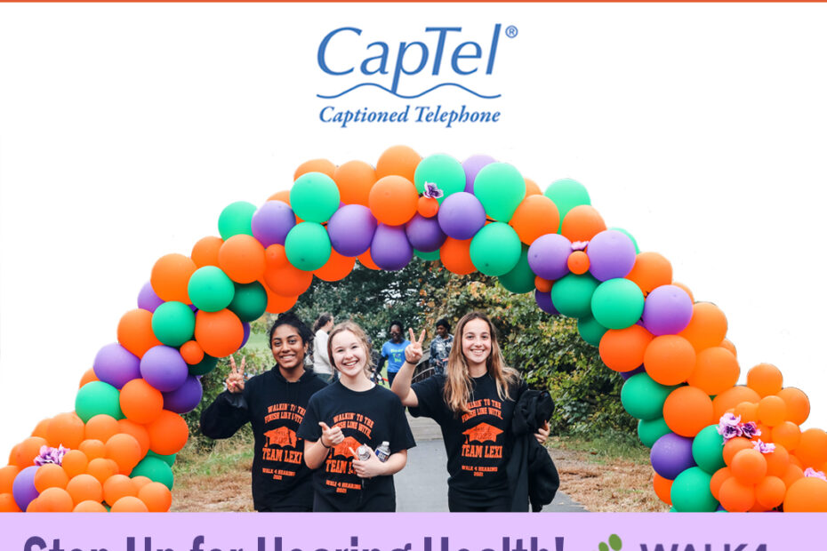 A group of people participating in the Fall Walk4Hearing event organized by the Hearing Loss Association of America (HLAA). A close-up of a Captel captioned telephone