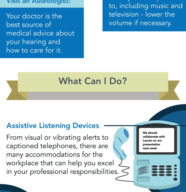 A person with hearing loss is using workplace accommodations to improve communication accessibility.