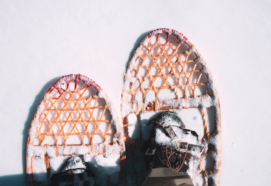 A person snowshoeing in the snow