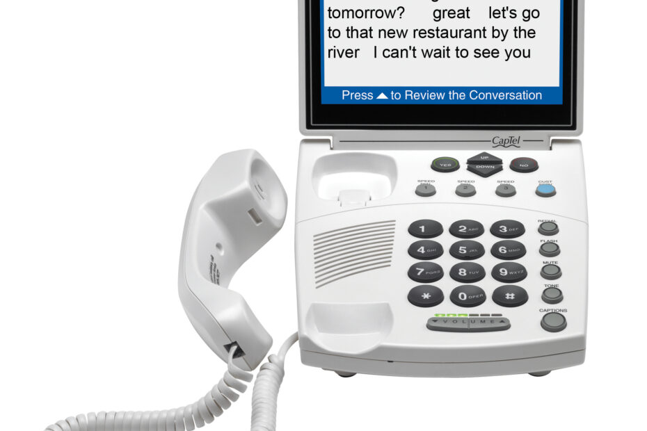 A captioned telephone displaying text on screen