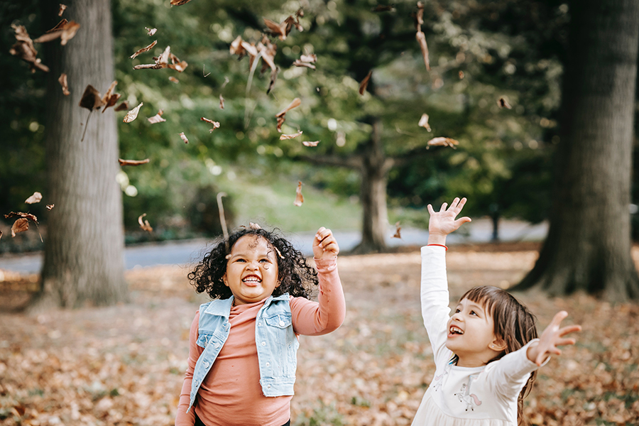 Children playing in a pile of colorful fall leaves in a park on a sunny day.