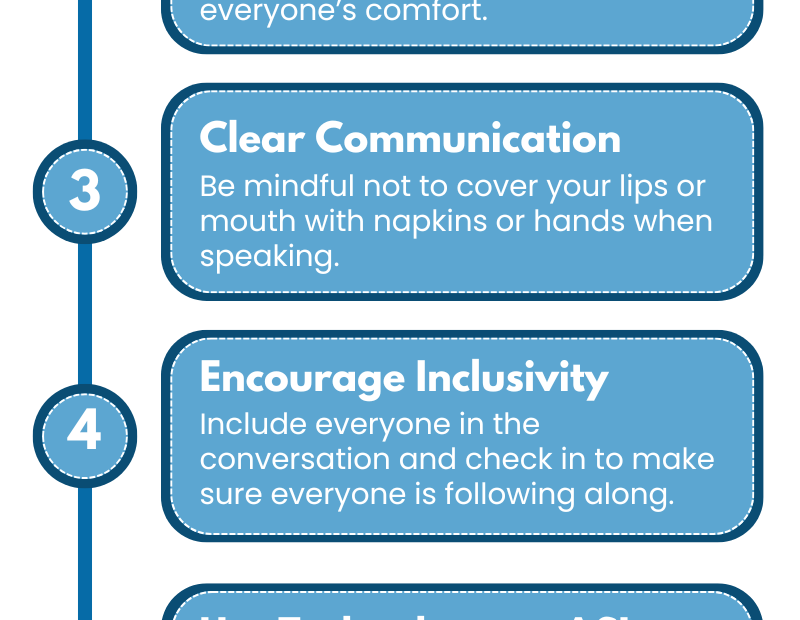 This list of dining etiquette for creating inclusive and hearing-friendly events is to keep you mindful of activities or requests that can make your event enjoyable for everyone.